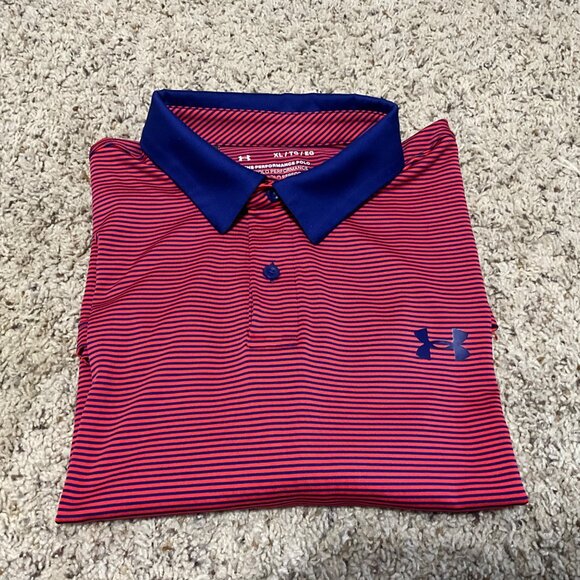 Under Armour Mens XL  TG Red & Blue Striped Polo Shirt With Moisture-Wicking - Picture 15 of 15
